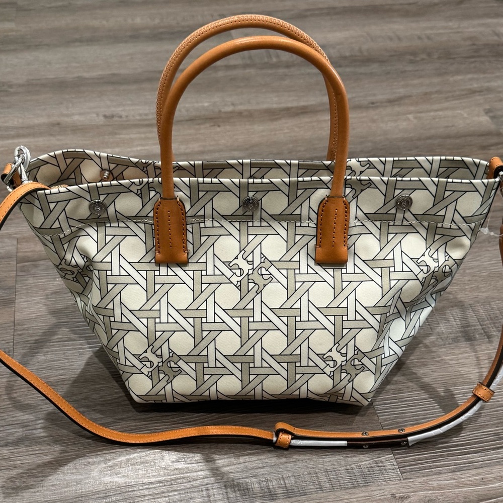 Tory Burch Canvas Basketweave New Ivory Basketweave Tote Crossbody Bag